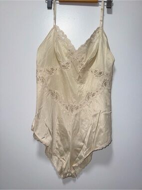 Lace-Trim Satin Chemise Bodysuit in Cream *no size tags